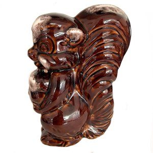 Vintage 1970s Large Brown Drip Pottery Squirrel Figure Holding an Acorn 9 3/4"